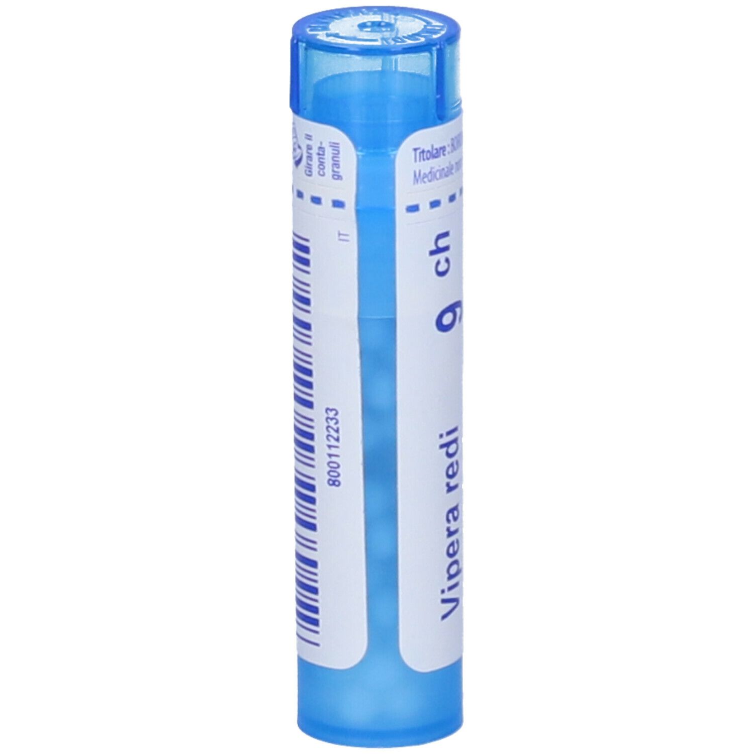 Confezione cilindrica blu. Scritta: Vipera redi 9 ch. Codice a barre e altri testi.