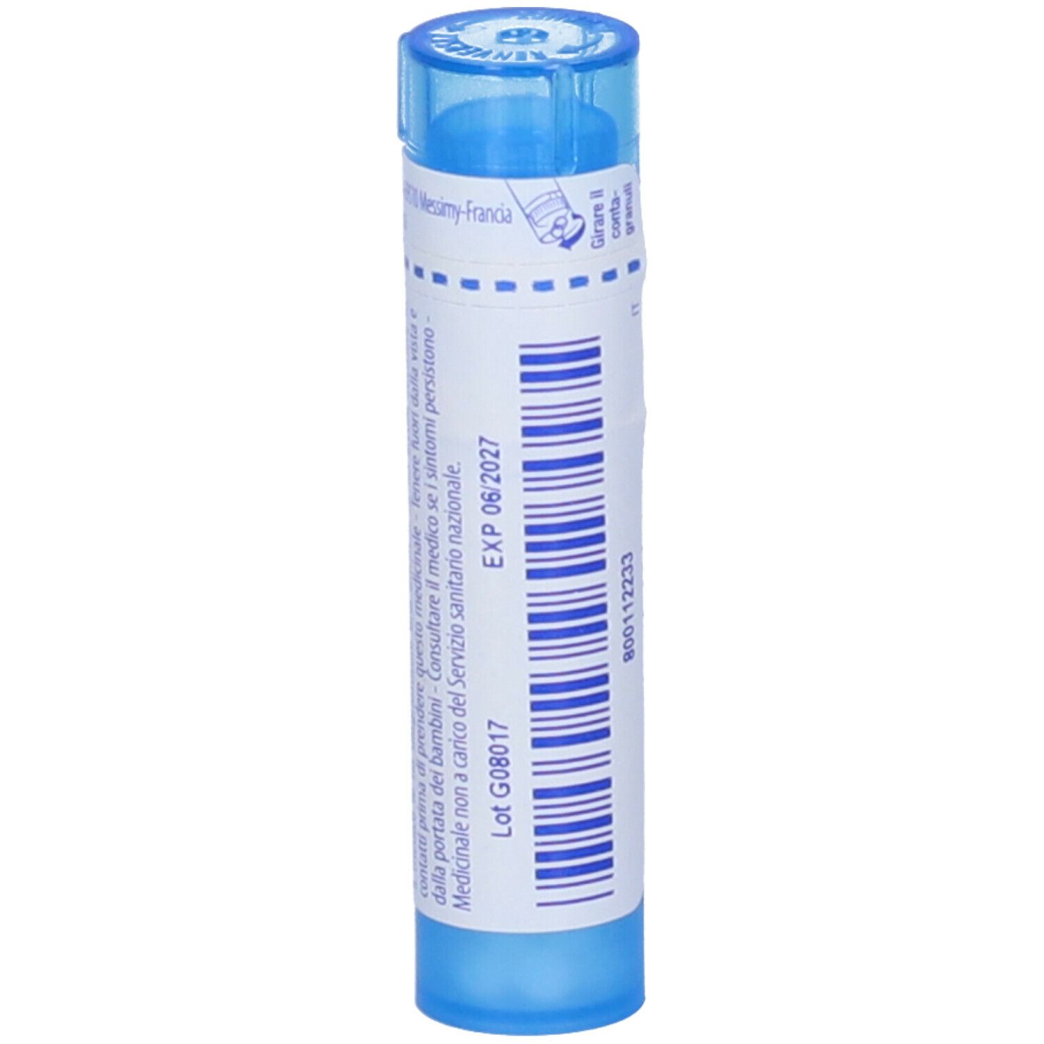 Confezione cilindrica blu. Scritta: Vipera redi 9 ch. Scadenza: EXP 06/2027.