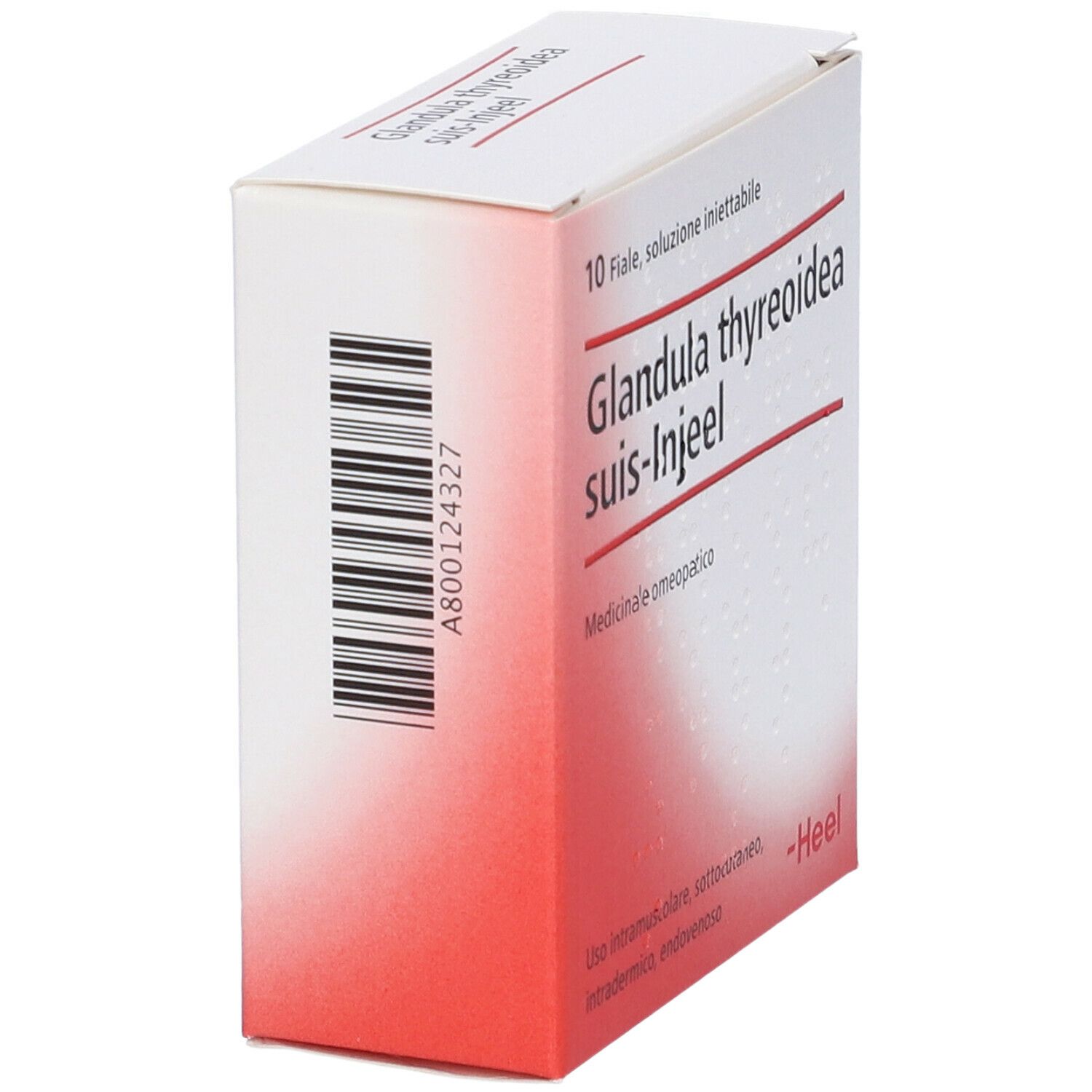 Scatola bianca con sfumatura rossa. Scritta: Glandula thyreoidea suis-Injeel. Codice a barre. Logo Heel.