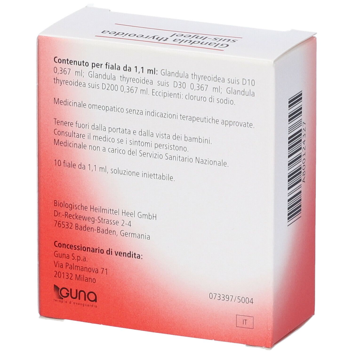 Retro della scatola bianca con sfumatura rossa. Scritta: Glandula thyreoidea suis-Injeel. Ingredienti, produttore, distribuzione.