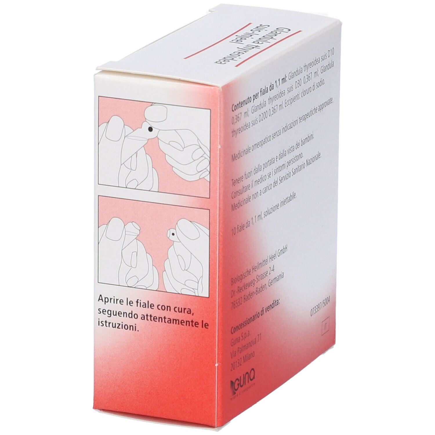 Retro della scatola bianca con sfumatura rossa. Scritta: Glandula thyreoidea suis-Injeel. Esempio di utilizzo.