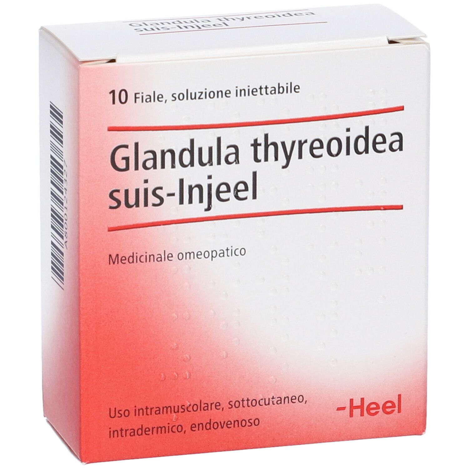 Scatola bianca con sfumatura rossa. Scritta: Glandula thyreoidea suis-Injeel. Logo Heel.