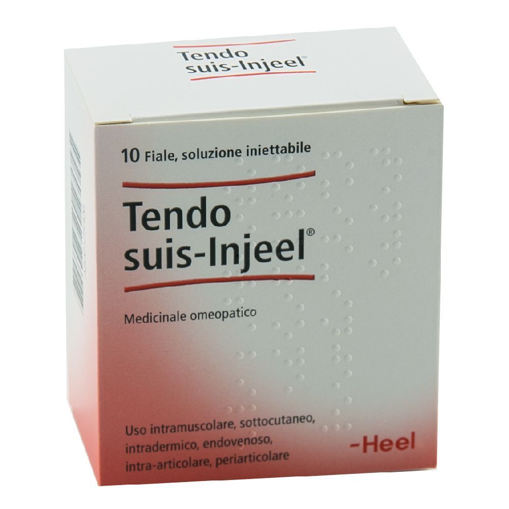 Scatola Tendo suis-Injeel®. Contiene 10 fiale. Medicinale omeopatico. Marchio Heel.