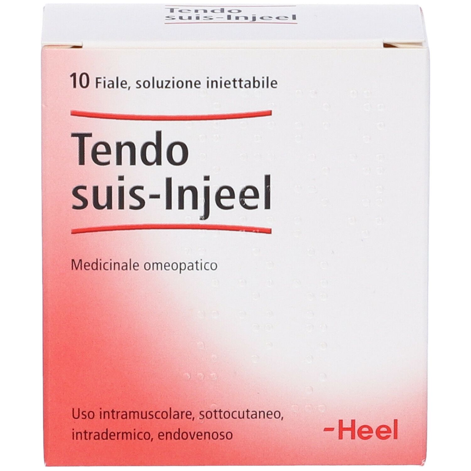 Scatola Tendo suis-Injeel®. Contiene 10 fiale. Medicinale omeopatico. Marchio Heel.