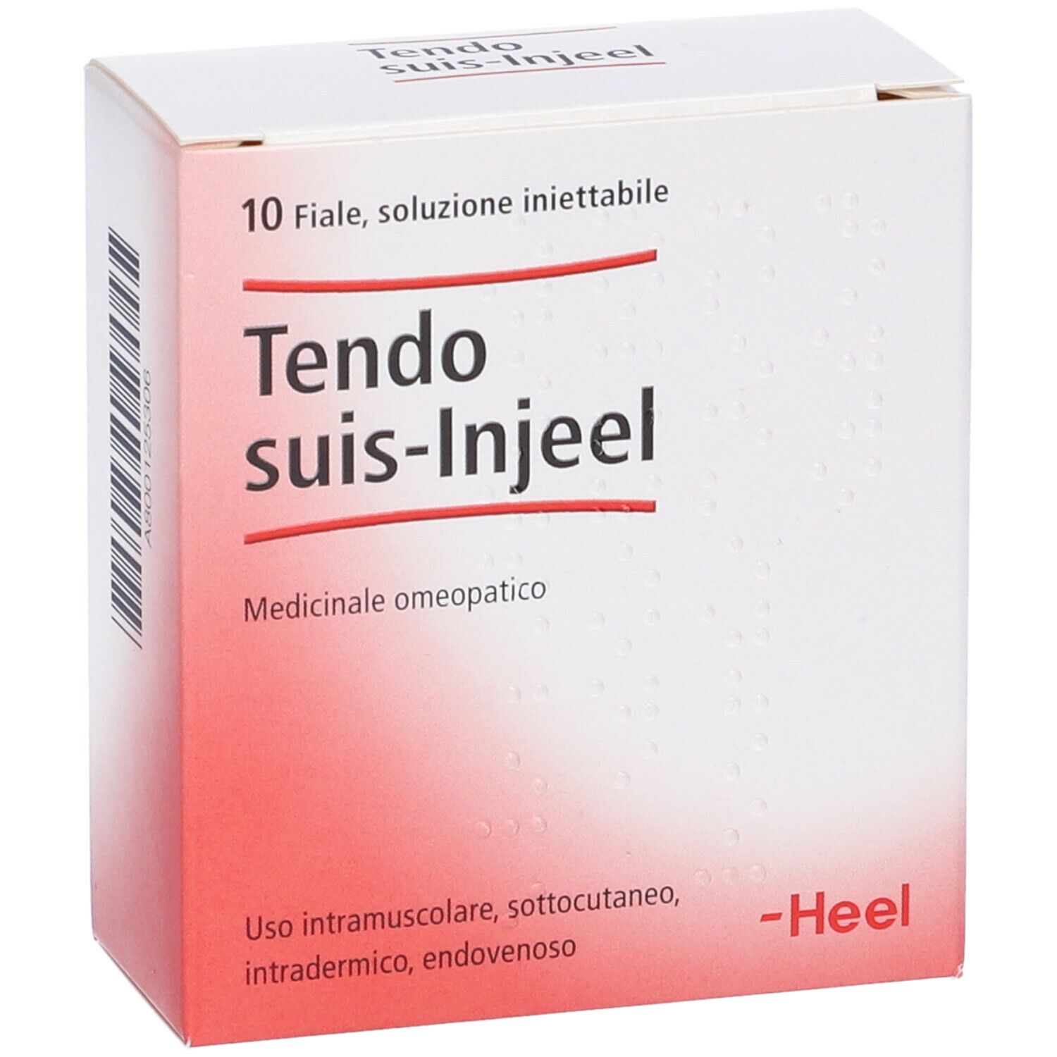 Scatola Tendo suis-Injeel®. Contiene 10 fiale. Medicinale omeopatico. Marchio Heel.