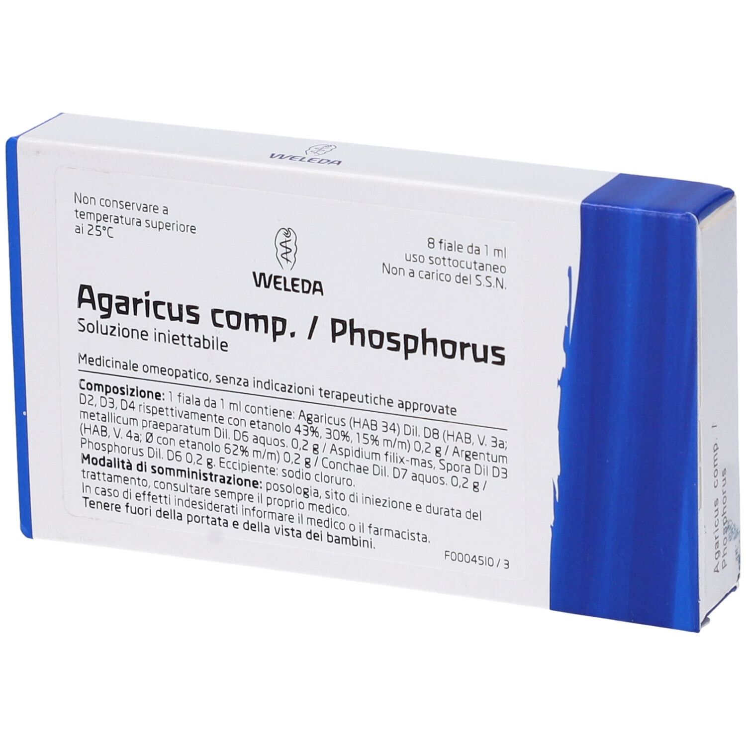 Scatola Weleda Agaricus Phosphorus Composto, 8 fiale. Scritta e logo blu su sfondo bianco. Testo: Agaricus comp./Phosphorus. Soluzione iniettabile.