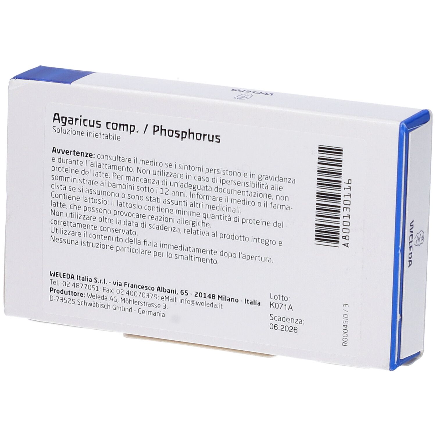 Scatola Weleda Agaricus Phosphorus Composto. Retro con testo. Contiene informazioni sugli ingredienti e la scadenza. Scadenza 06.2026.