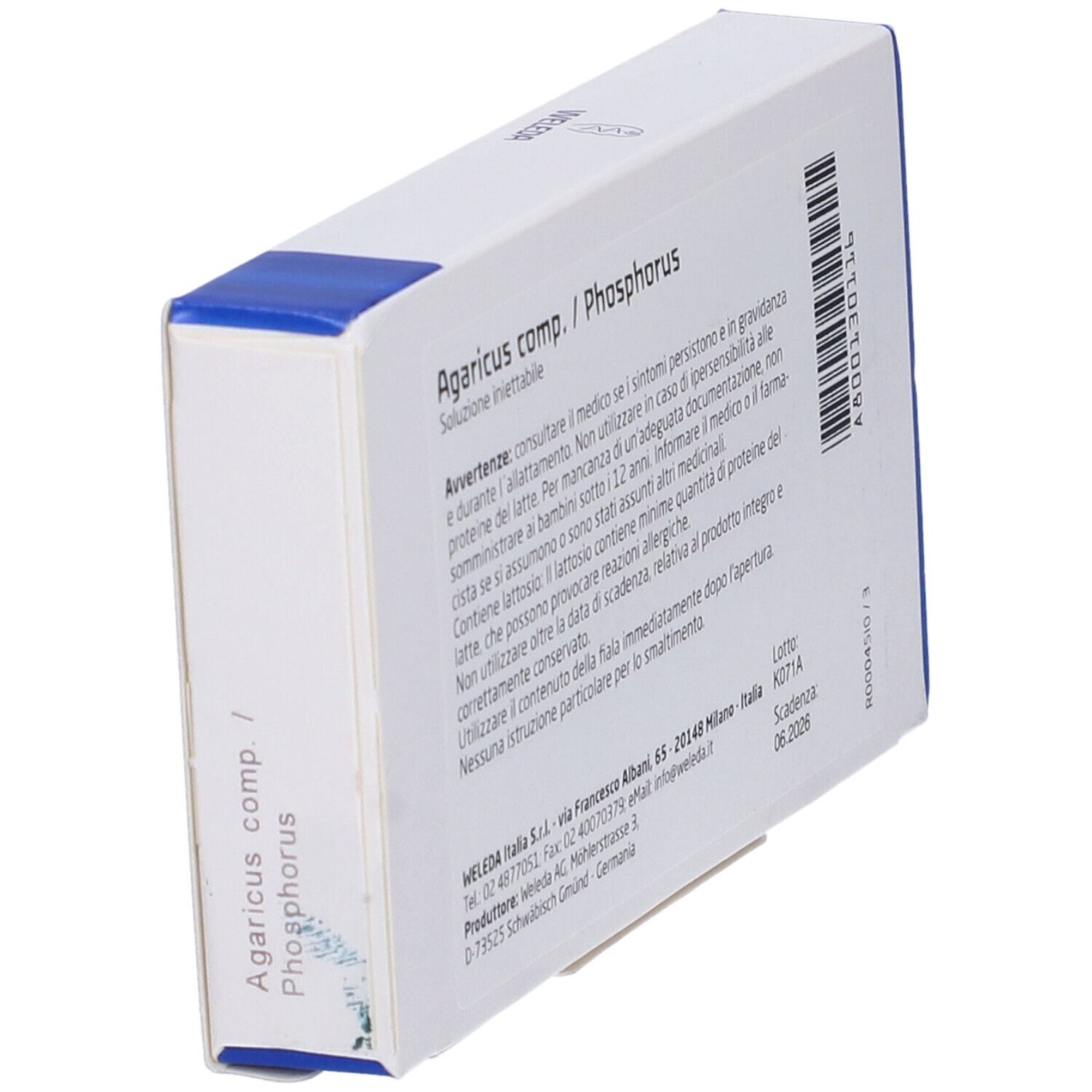Scatola Weleda Agaricus Phosphorus Composto. Retro con testo. Contiene informazioni sugli ingredienti e la scadenza. Scadenza 06.2026.