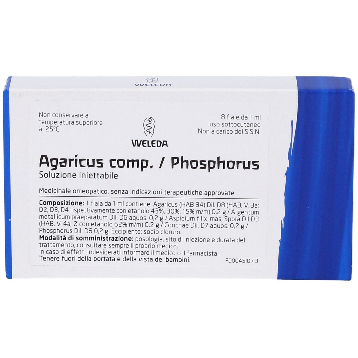 Scatola Weleda Agaricus Phosphorus Composto, 8 fiale. Scritta e logo blu su sfondo bianco. Testo: Agaricus comp./Phosphorus. Soluzione iniettabile.