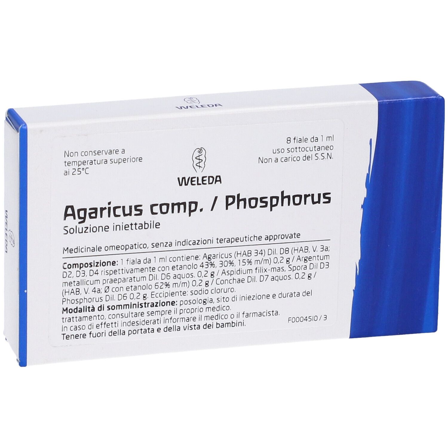 Scatola Weleda Agaricus Phosphorus Composto, 8 fiale. Scritta e logo blu su sfondo bianco. Testo: Agaricus comp./Phosphorus. Soluzione iniettabile.