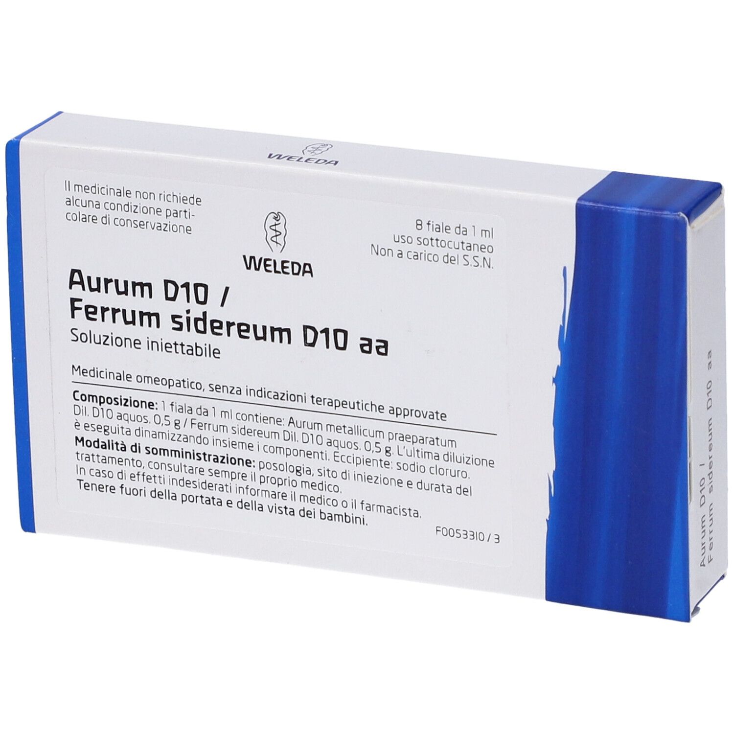 Scatola Weleda con nome prodotto Aurum D10 / Ferrum sidereum D10 aa. 8 fiale da 1 ml. Scatola blu e bianca.