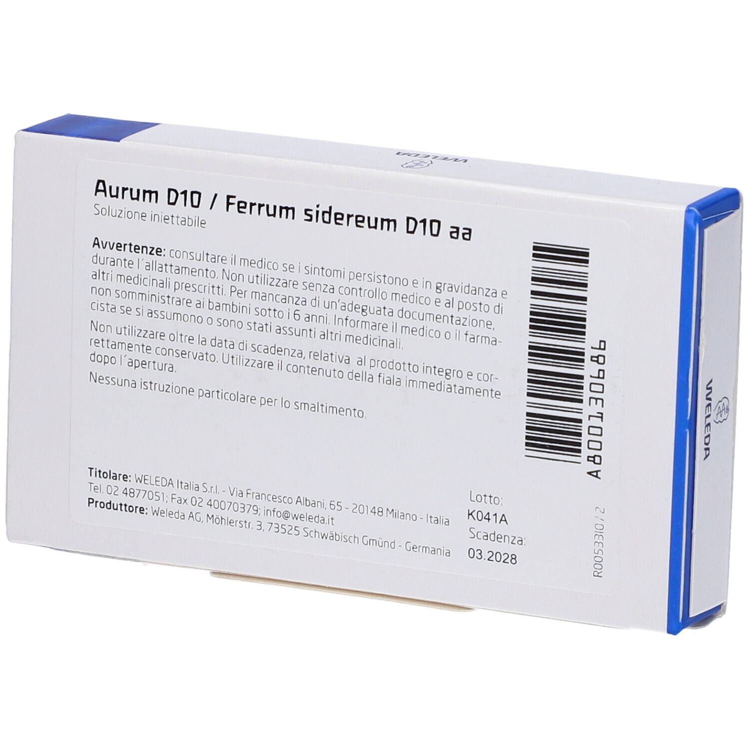 Retro della confezione Weleda con nome prodotto Aurum D10 / Ferrum sidereum D10 aa. Testo e numero di lotto.
