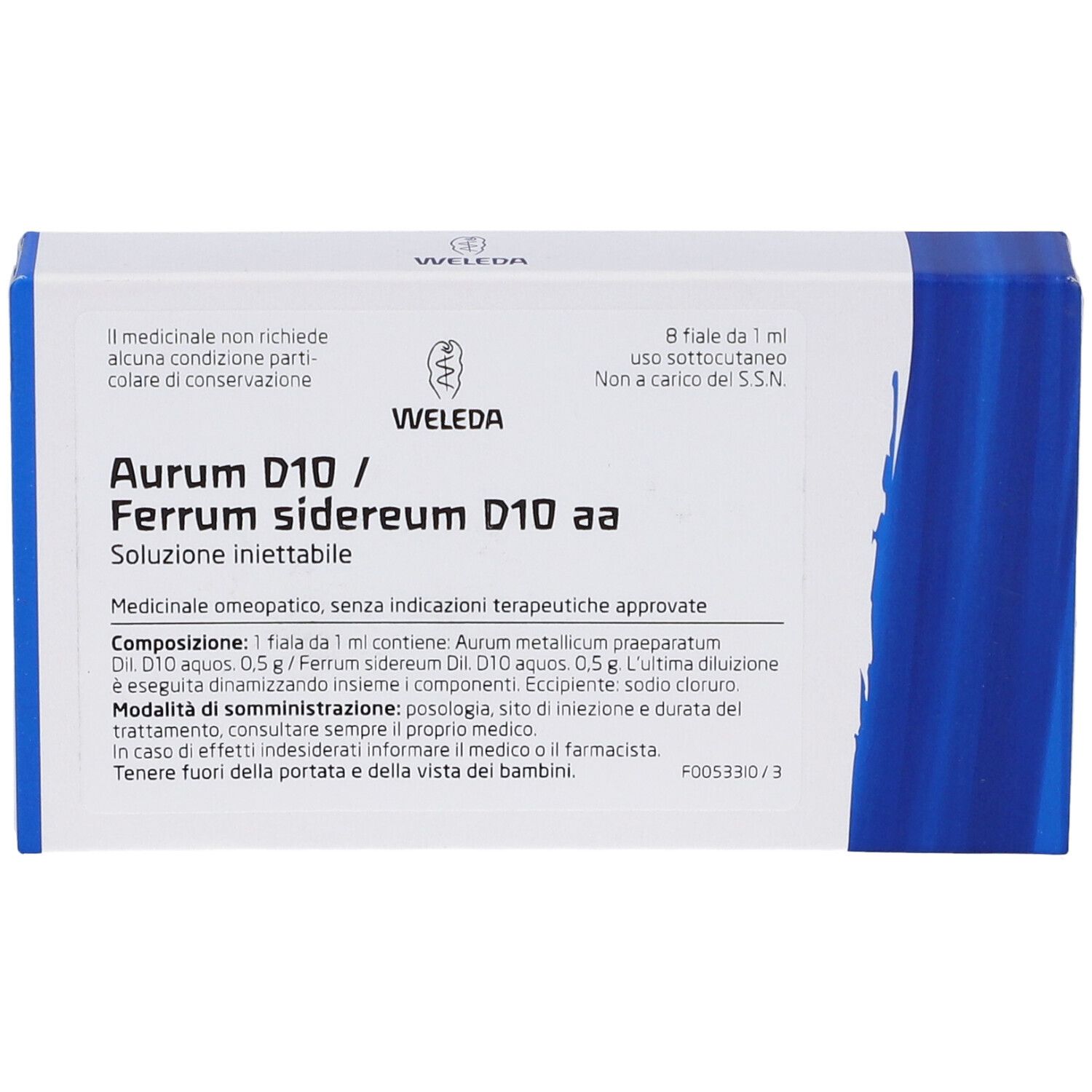 Scatola Weleda con nome prodotto Aurum D10 / Ferrum sidereum D10 aa. 8 fiale da 1 ml. Scatola blu e bianca.