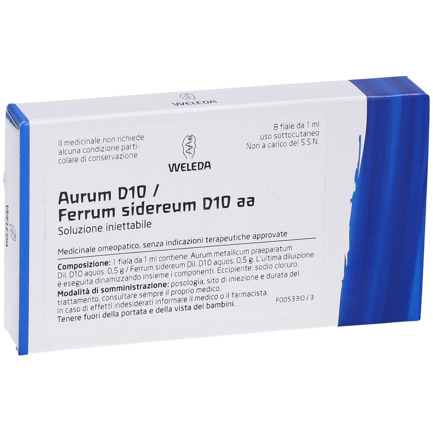Scatola Weleda con nome prodotto Aurum D10 / Ferrum sidereum D10 aa. 8 fiale da 1 ml. Scatola blu e bianca.