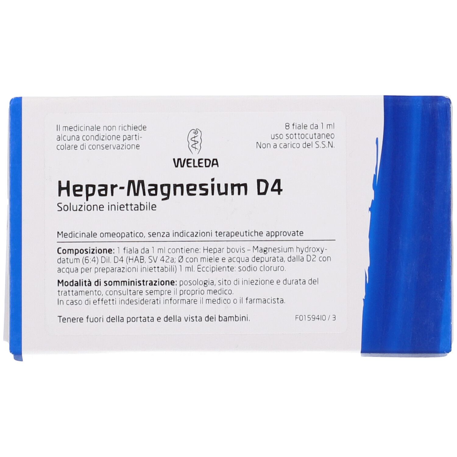 Scatola con informazioni sul prodotto. Scritto: Weleda Hepar-Magnesium D4. Contiene 8 fiale.