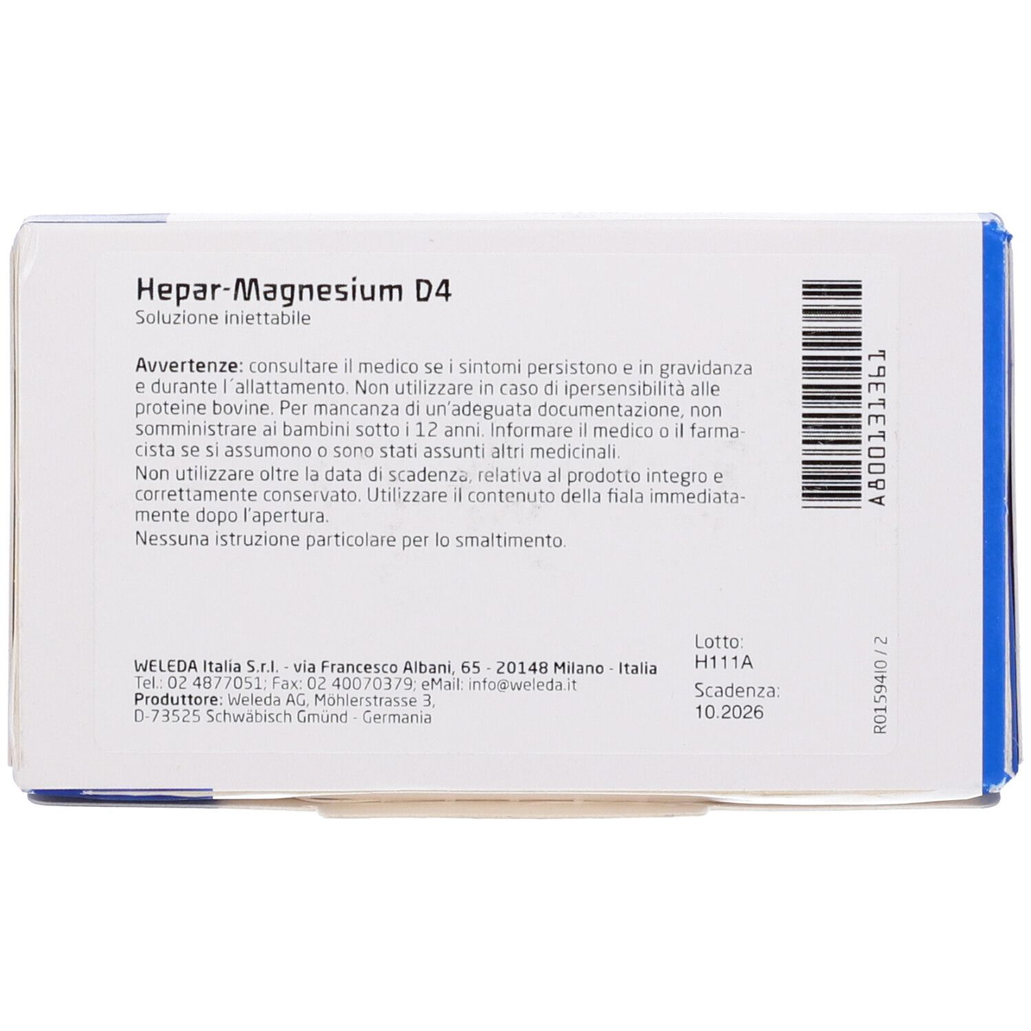Confezione del prodotto con testo. Scritto: Hepar-Magnesium D4. Logo Weleda. Codice a barre e numero di lotto.