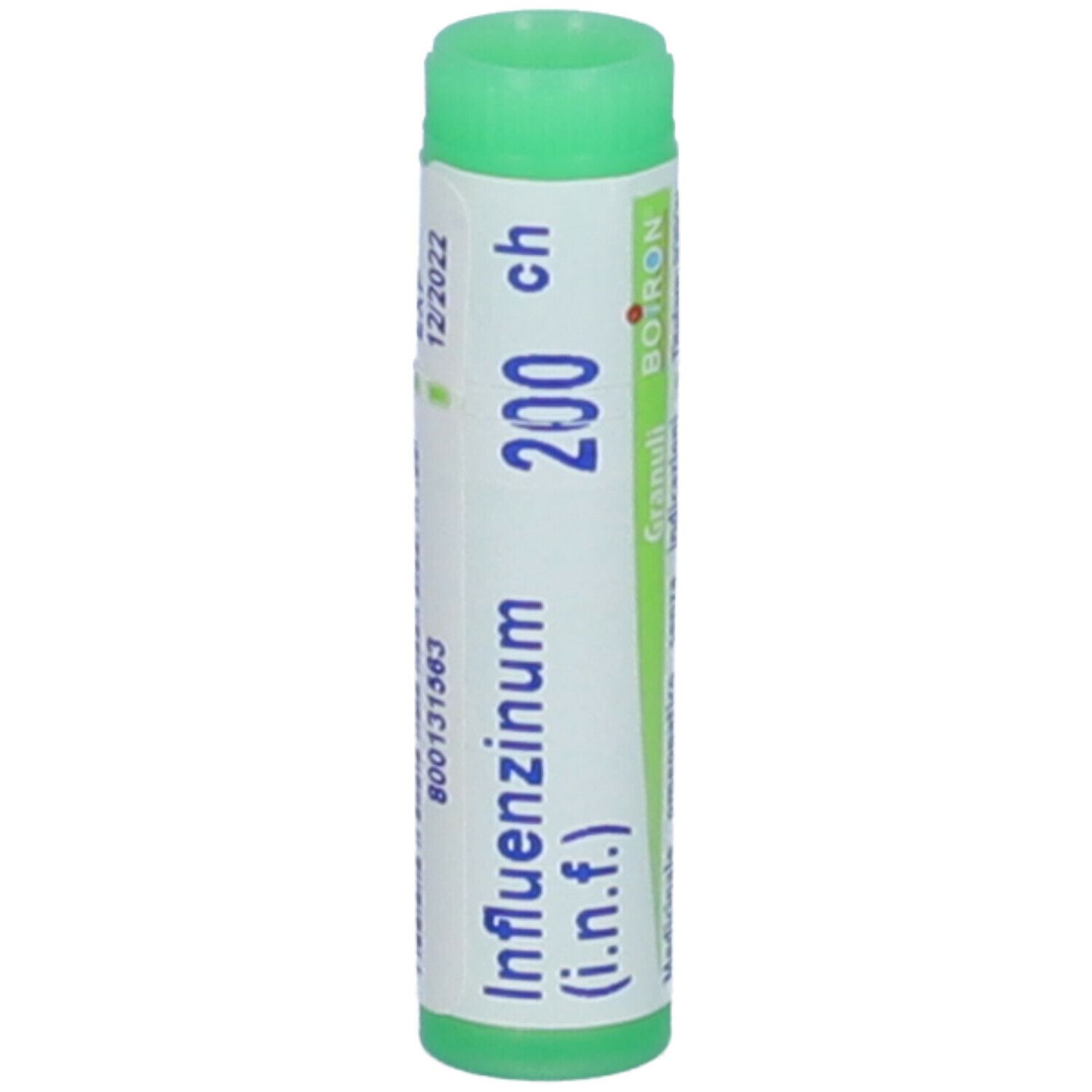 Confezione cilindrica con tappo verde. Scritta: Influenzinum (i.n.f.) 200 ch, 12/2022, BOIRON.