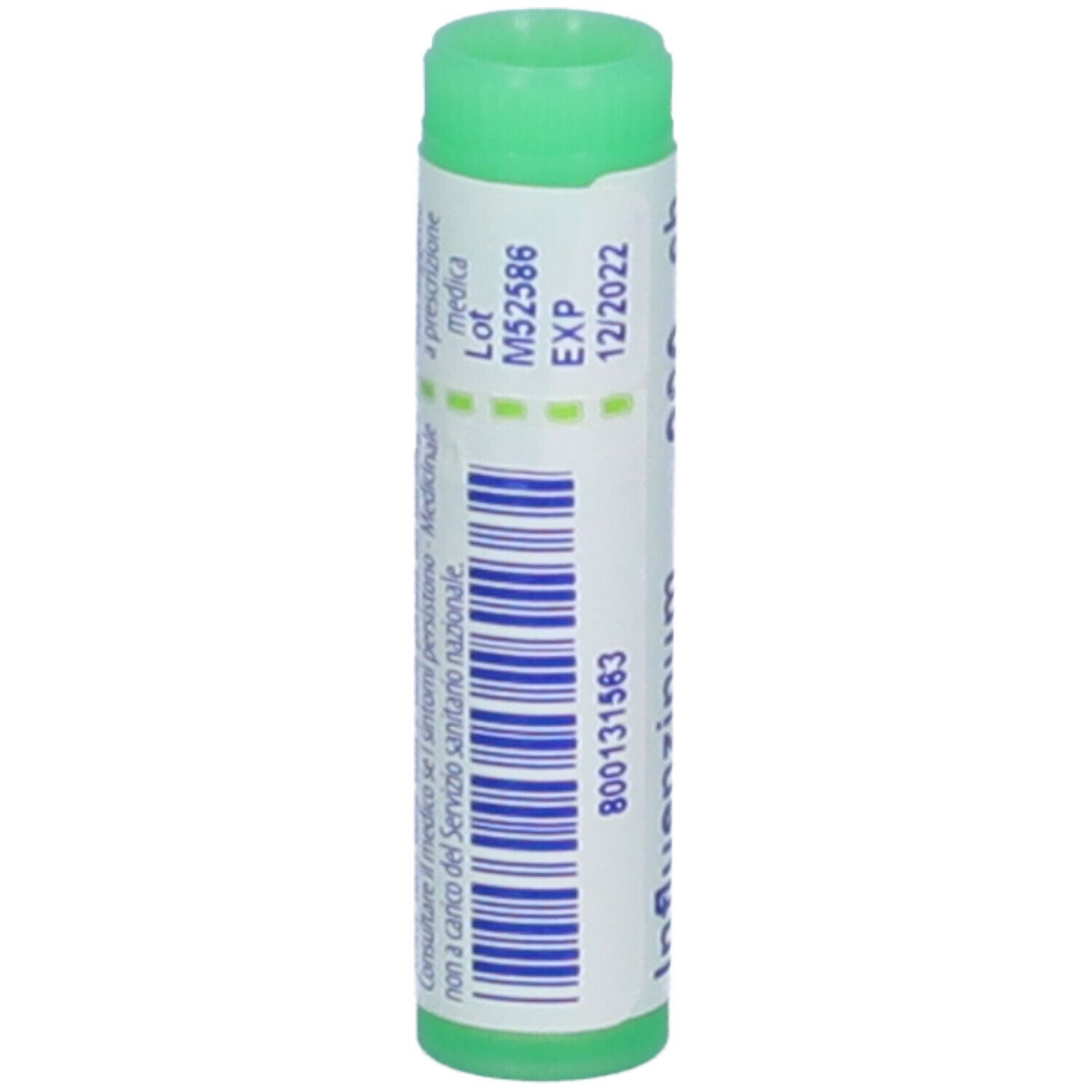Tubo verde. Scritta: Influenzinum (i.n.f.), 12/2022, BOIRON. Testo in italiano.