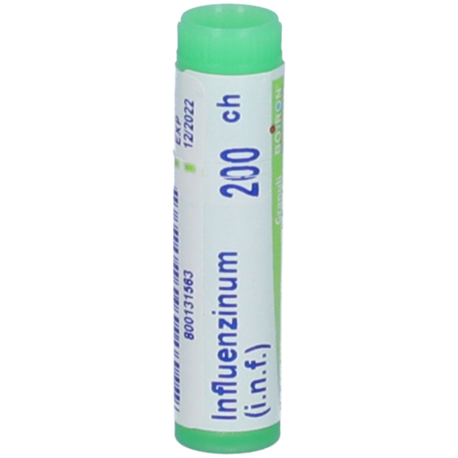 Confezione cilindrica con tappo verde. Scritta: Influenzinum (i.n.f.) 200 ch, 12/2022, BOIRON.