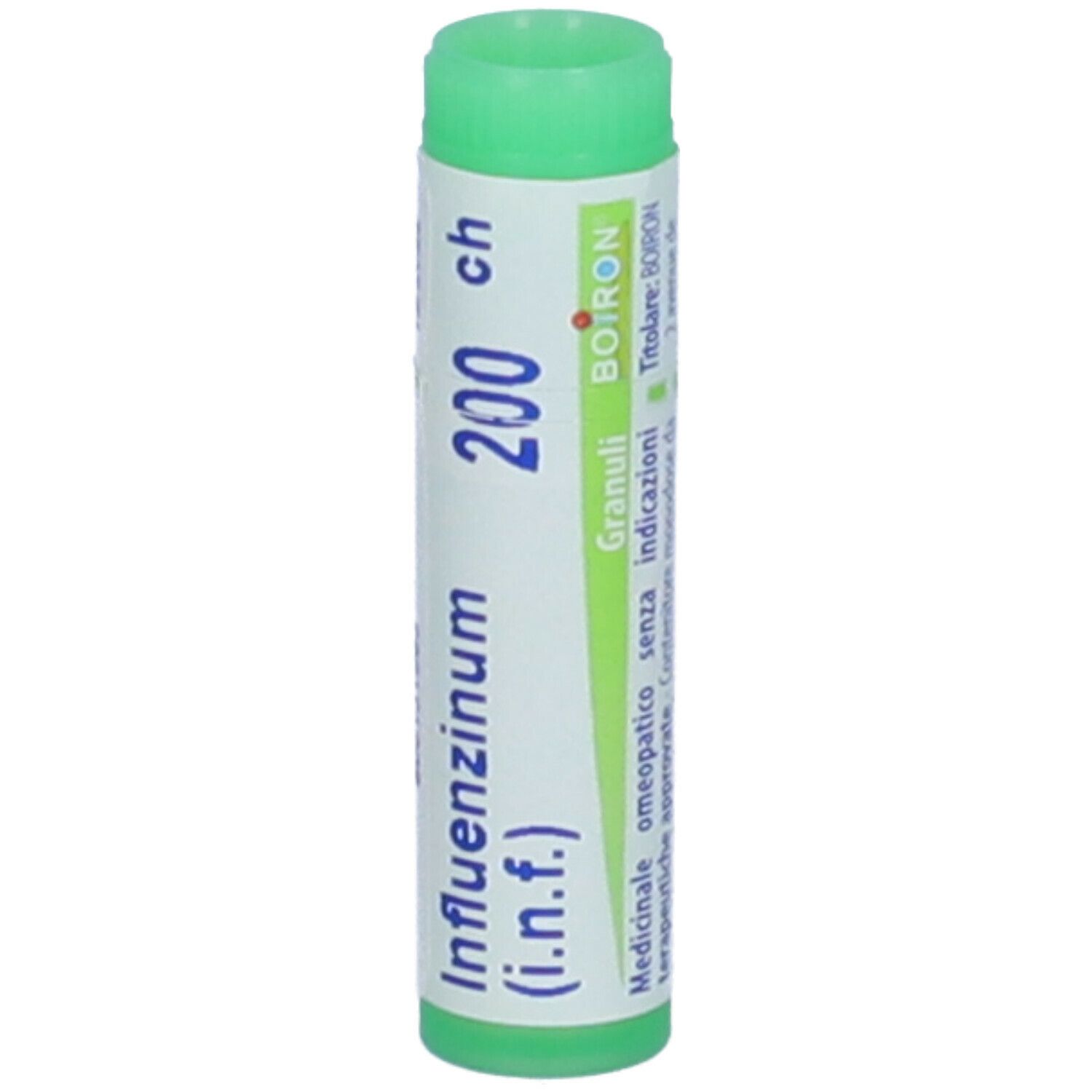 Confezione cilindrica con tappo verde. Scritta: Influenzinum 200 ch, BOIRON, Granuli.