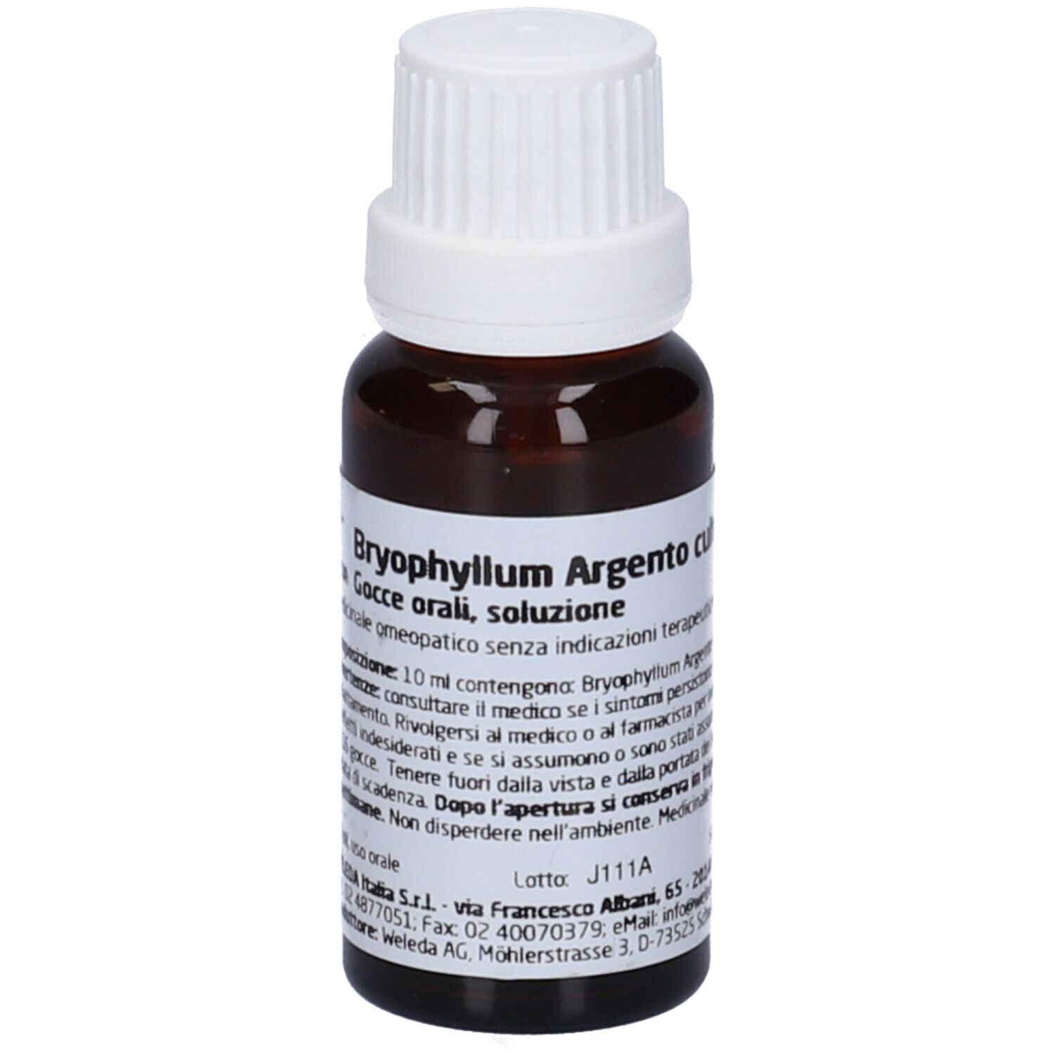 Flacone di vetro marrone con tappo a vite bianco. Scritta: Bryophyllum Argento cultum, gocce. Etichetta con informazioni sul prodotto.