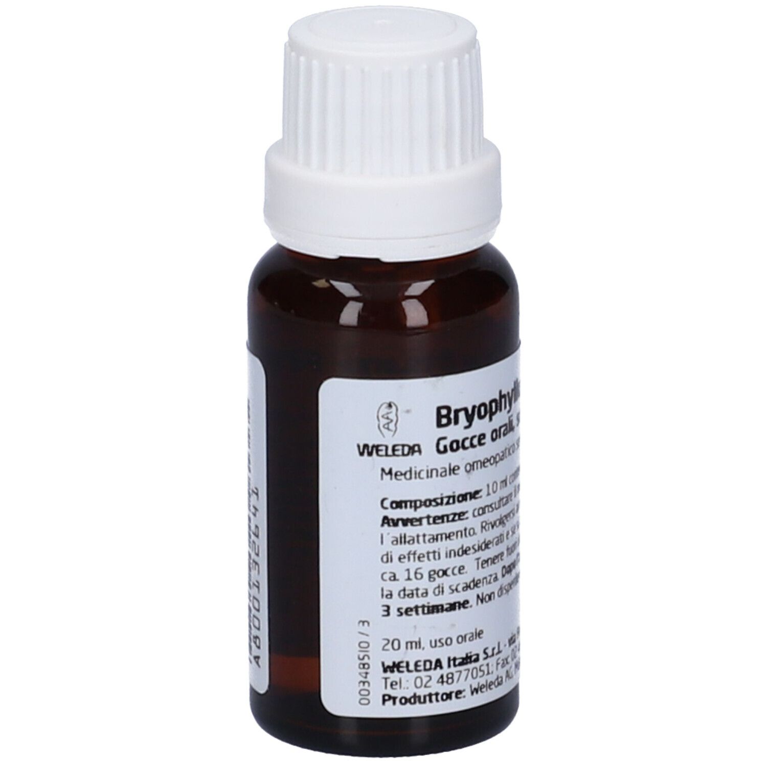 Flacone di vetro marrone con tappo a vite bianco. Etichetta con informazioni sul prodotto. Scritta: Weleda, Bryophyllum, 20 ml.