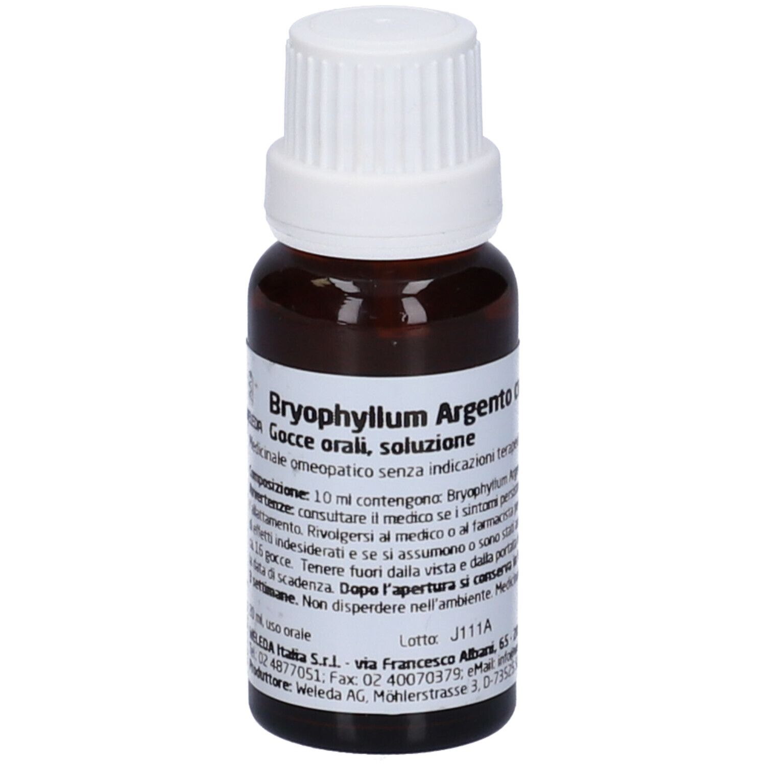 Flacone di vetro marrone con tappo a vite bianco. Scritta: Bryophyllum Argento cultum, gocce. Etichetta con informazioni sul prodotto.