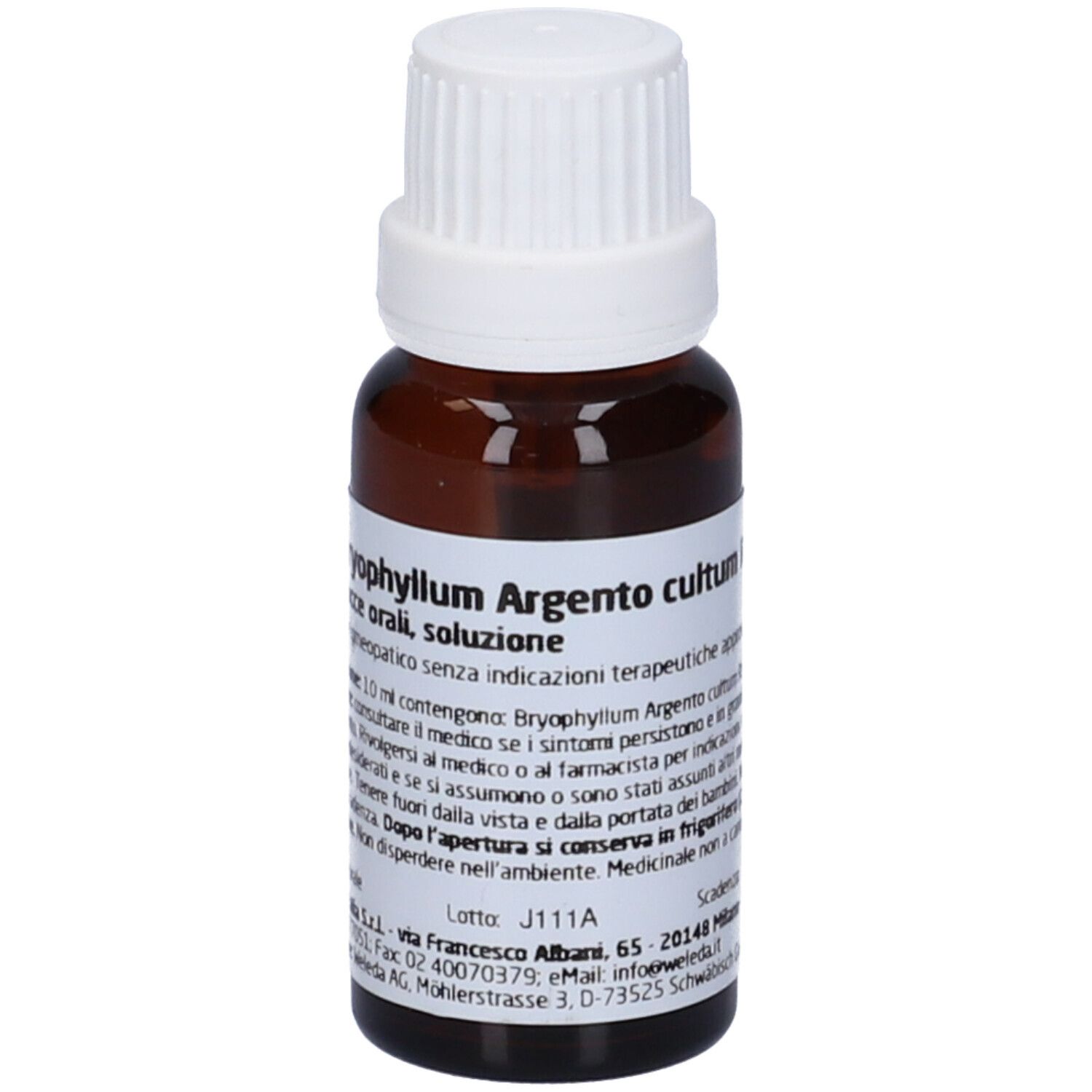 Flacone di vetro marrone con tappo a vite bianco. Scritta: Bryophyllum Argento cultum, gocce. Etichetta con informazioni sul prodotto.