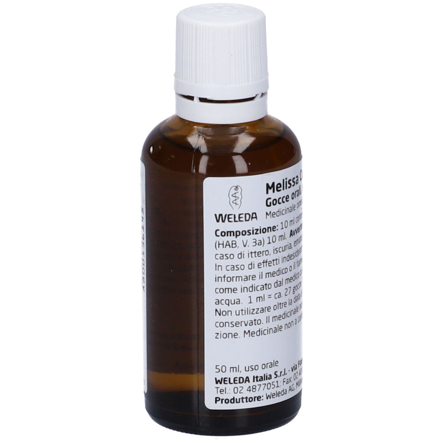 Flacone di vetro marrone con tappo bianco. Etichetta con informazioni sul prodotto. Logo Weleda. 50 ml. Uso orale.