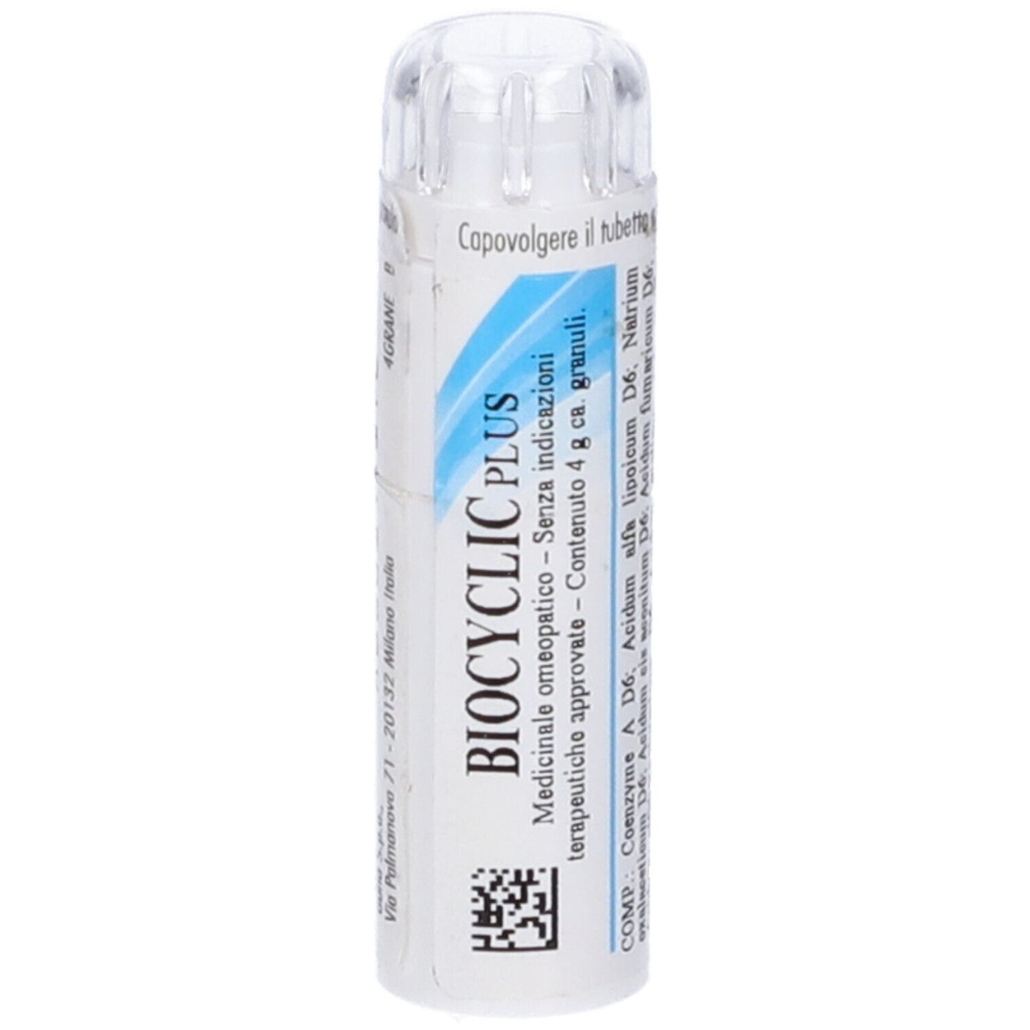 Tubo bianco con etichetta blu e bianca. Scritta: BIOCYCLIC PLUS. Contenuto: 4 g granuli. Coperchio trasparente.