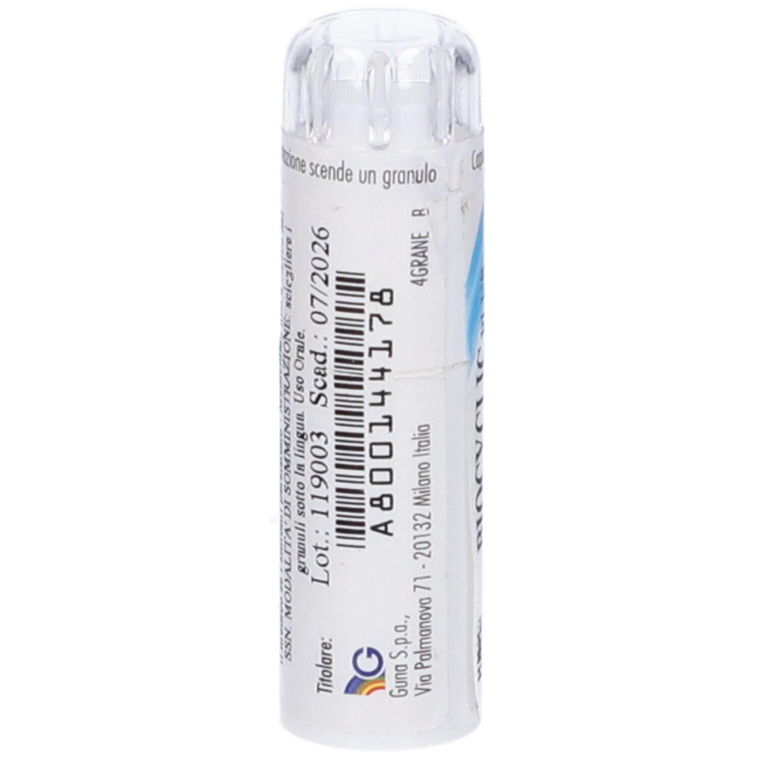 Tubo bianco con coperchio trasparente. Scritta: A800144178. Guna S.p.a. Milano. Scadenza: 07/2026.