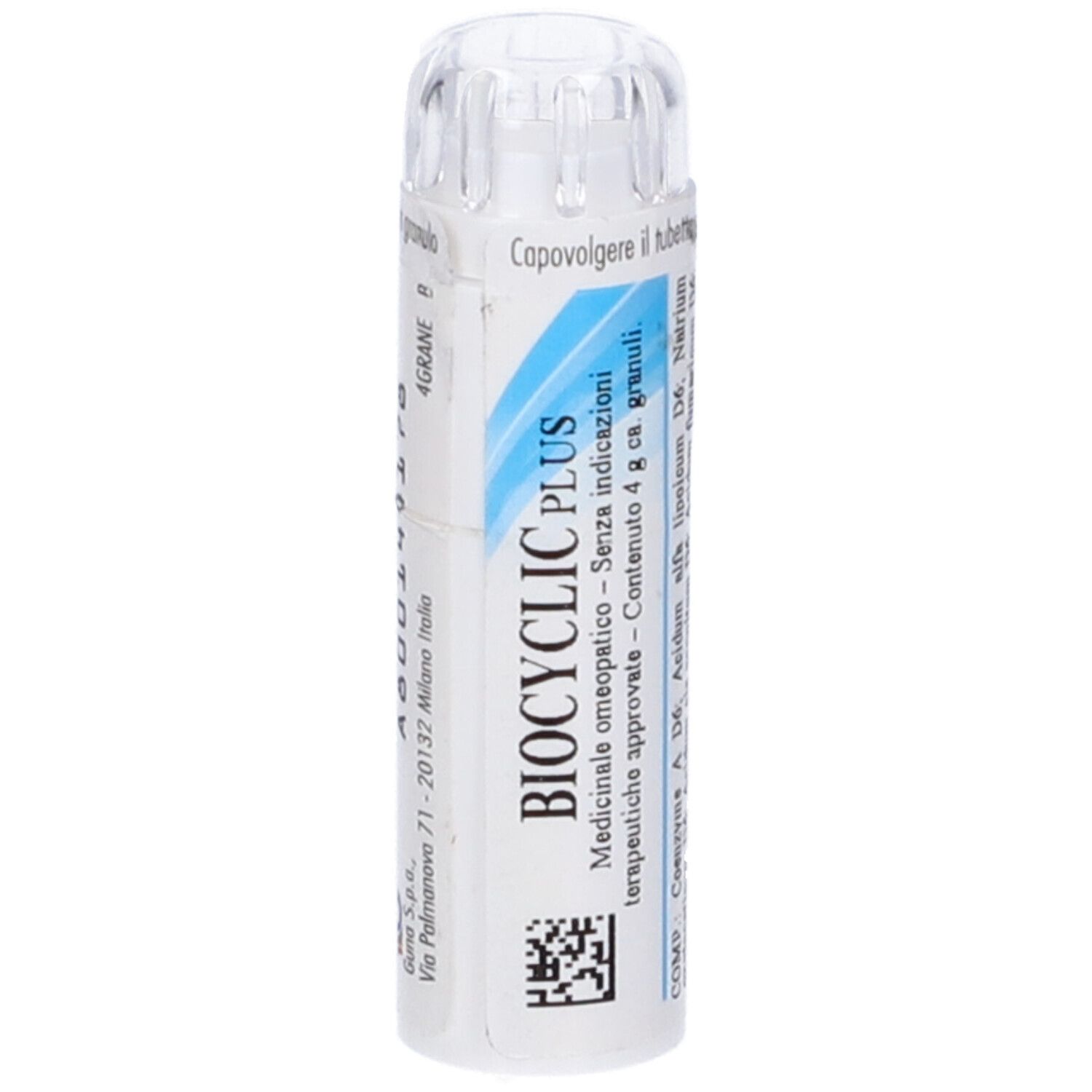 Tubo bianco con etichetta blu e bianca. Scritta: BIOCYCLIC PLUS. Contenuto: 4 g granuli. Coperchio trasparente.