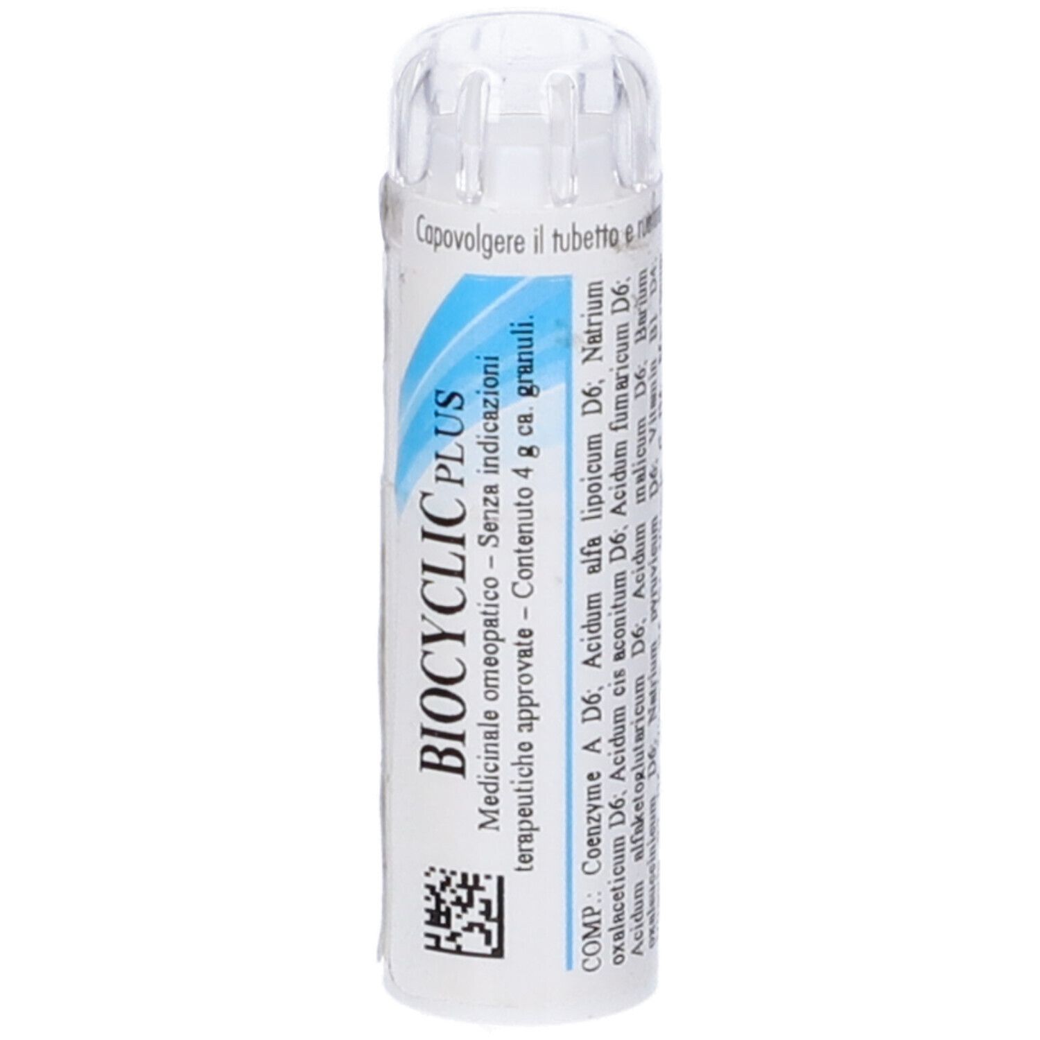 Tubo bianco con etichetta blu e bianca. Scritta: BIOCYCLIC PLUS. Contenuto: 4 g granuli. Coperchio trasparente.