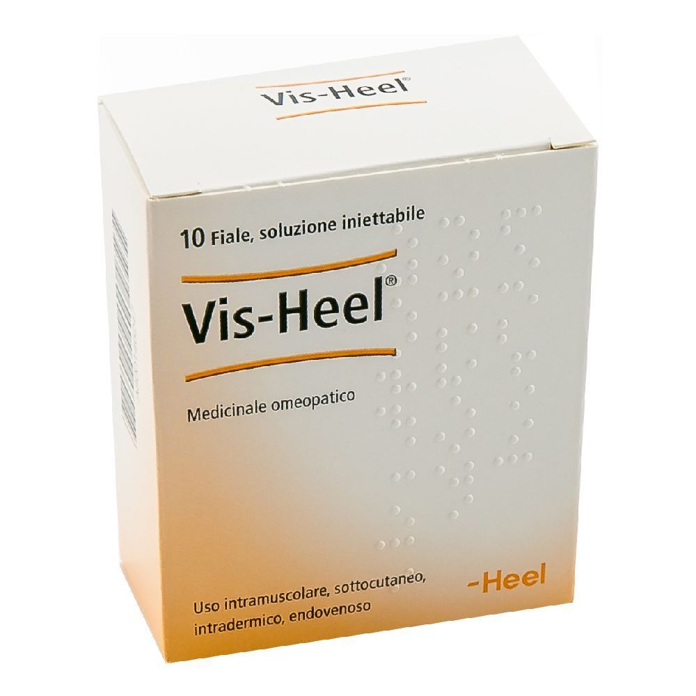 Scatola bianca con Vis-Heel. Contiene 10 soluzioni iniettabili. Medicinale omeopatico. Marchio Heel.
