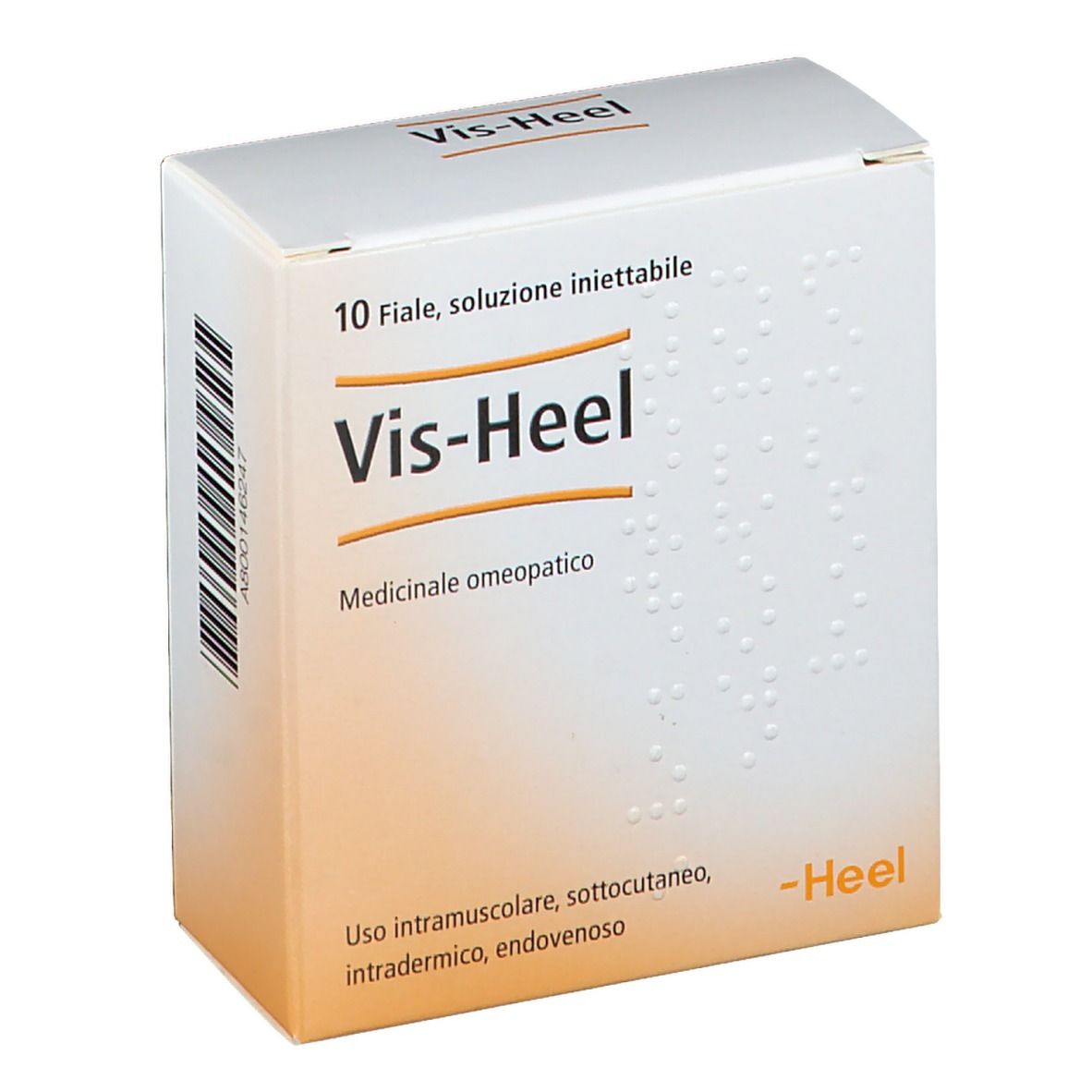 Scatola bianca con Vis-Heel. Contiene 10 soluzioni iniettabili. Medicinale omeopatico. Marchio Heel.