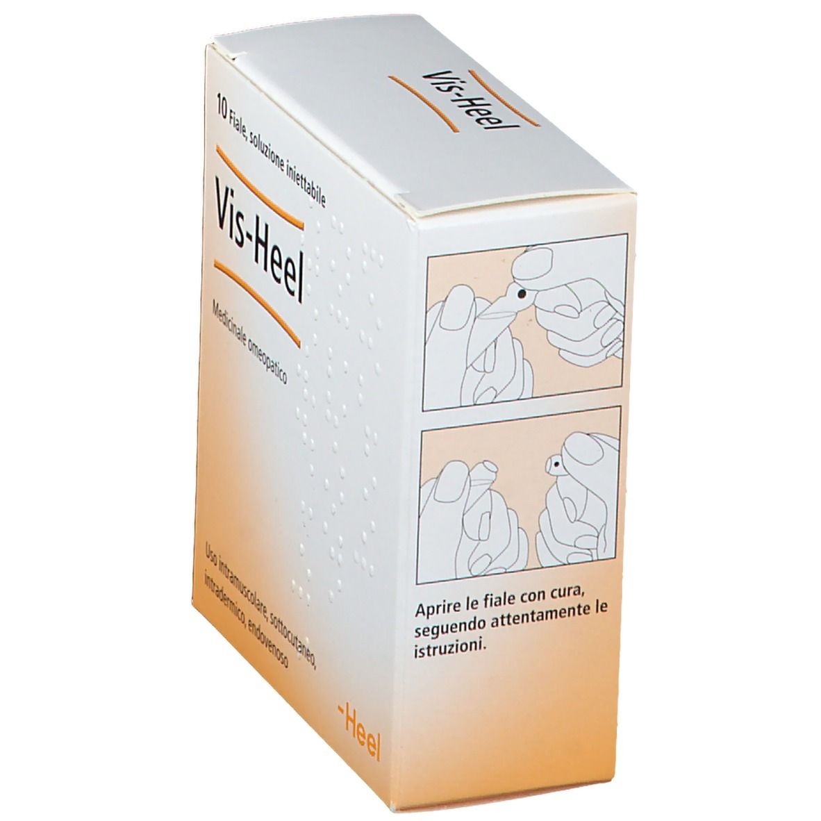 Scatola bianca con Vis-Heel. Contiene 10 soluzioni iniettabili. Medicinale omeopatico. Marchio Heel. Illustrazione d'uso.