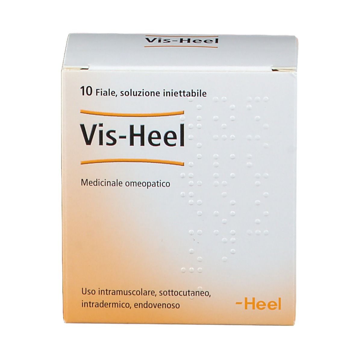 Scatola bianca con Vis-Heel. Contiene 10 soluzioni iniettabili. Medicinale omeopatico. Marchio Heel.