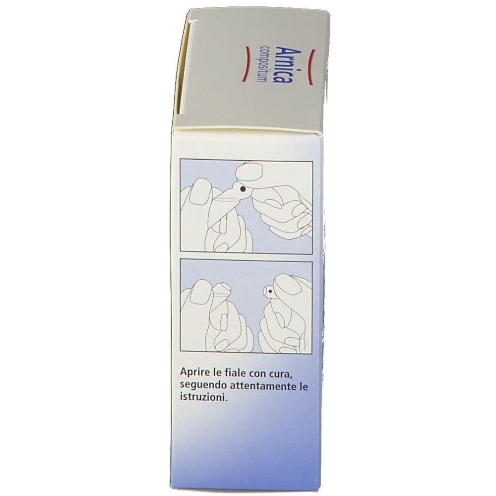 Scatola con istruzioni per l'apertura delle fiale. Testo: Arnica compositum.