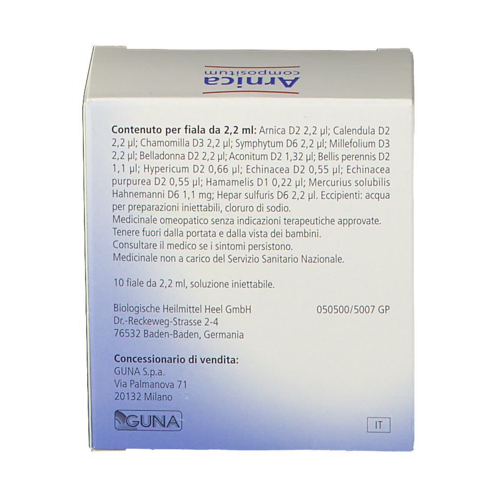 Scatola con informazioni sugli ingredienti e sul produttore. Testo: Arnica compositum, 10 fiale.