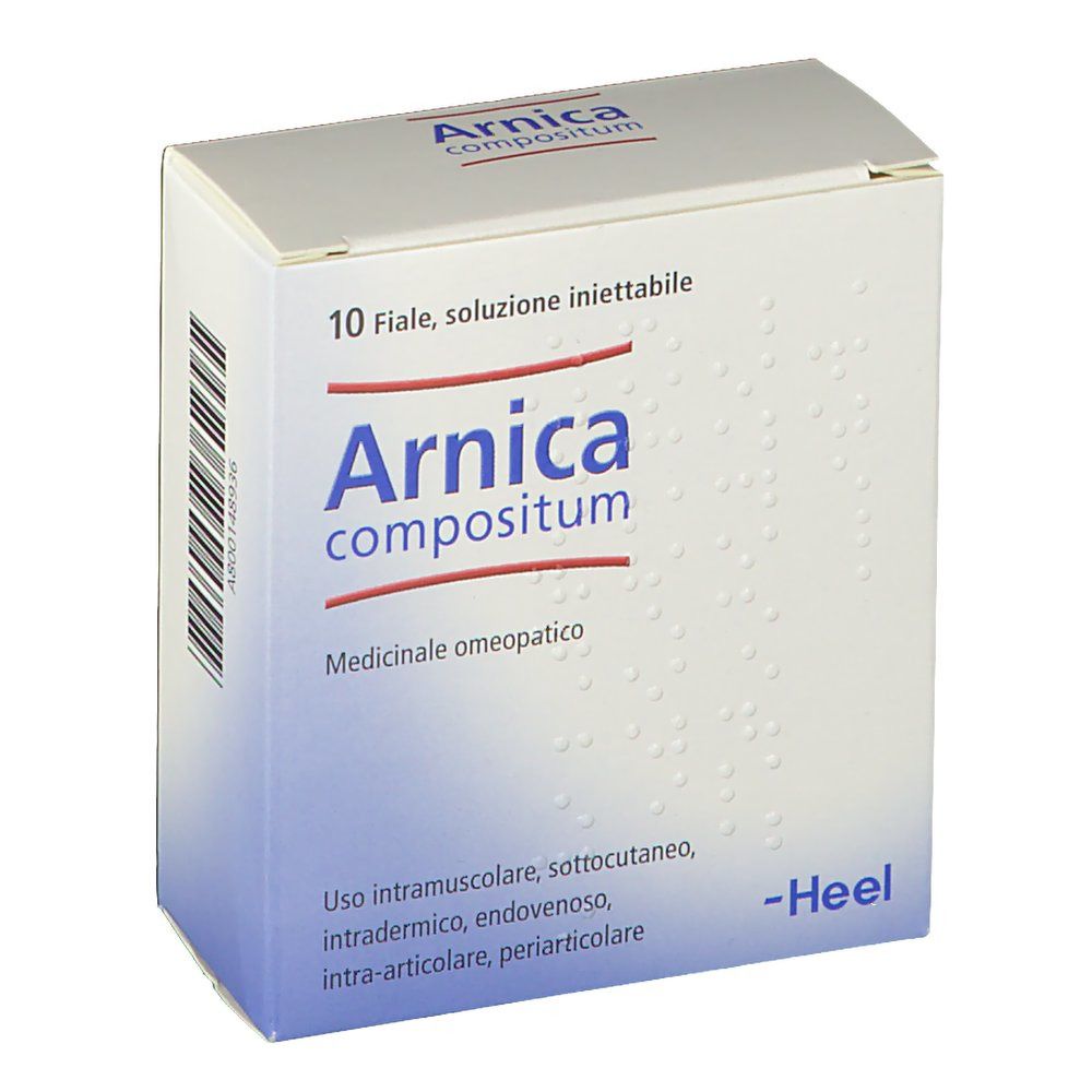 Scatola con nome del prodotto e logo. Testo: Arnica compositum, Heel.
