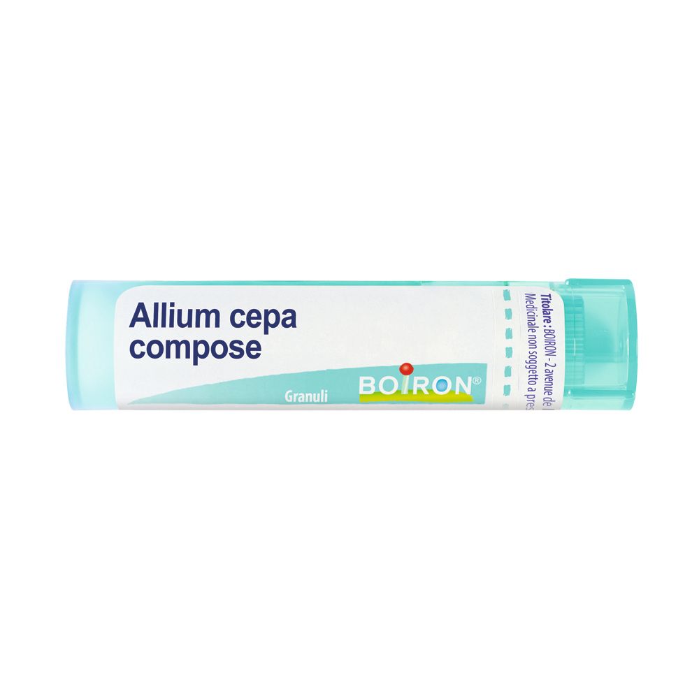 Confezione cilindrica con tappo blu. Scritta: Allium cepa compose, BOIRON, Granuli.