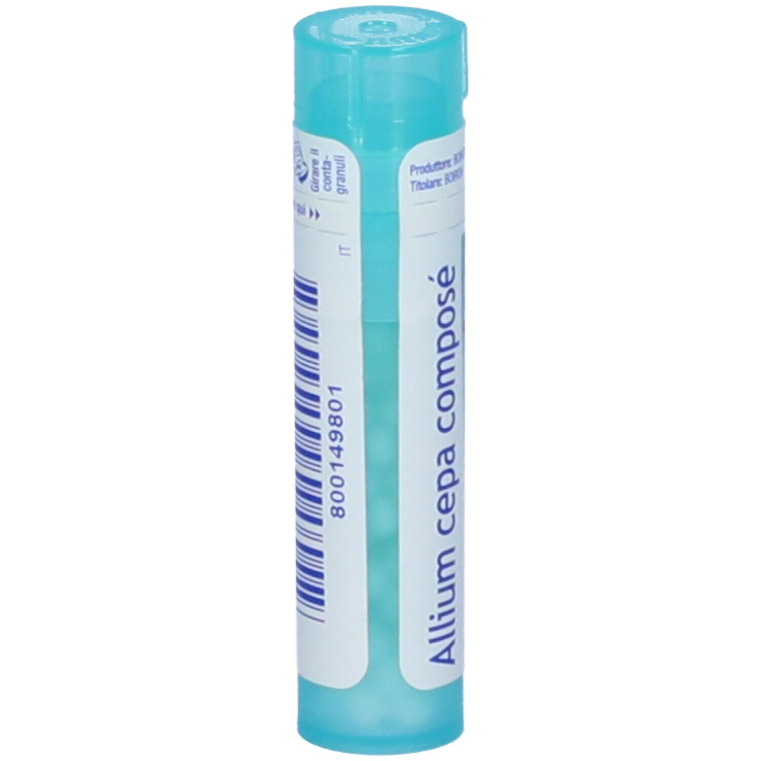 Confezione cilindrica con tappo blu. Scritta: Allium cepa compose, BOIRON, Codice a barre.
