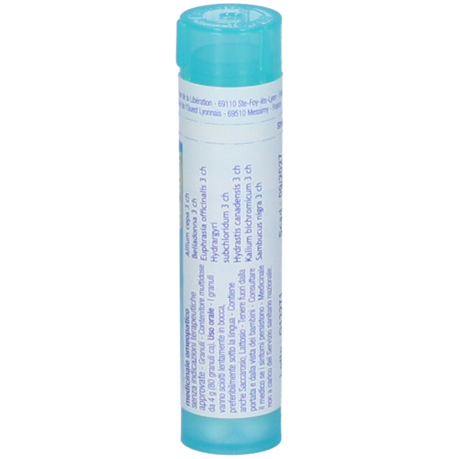 Confezione cilindrica con tappo blu. Scritta: Allium cepa compose, BOIRON.