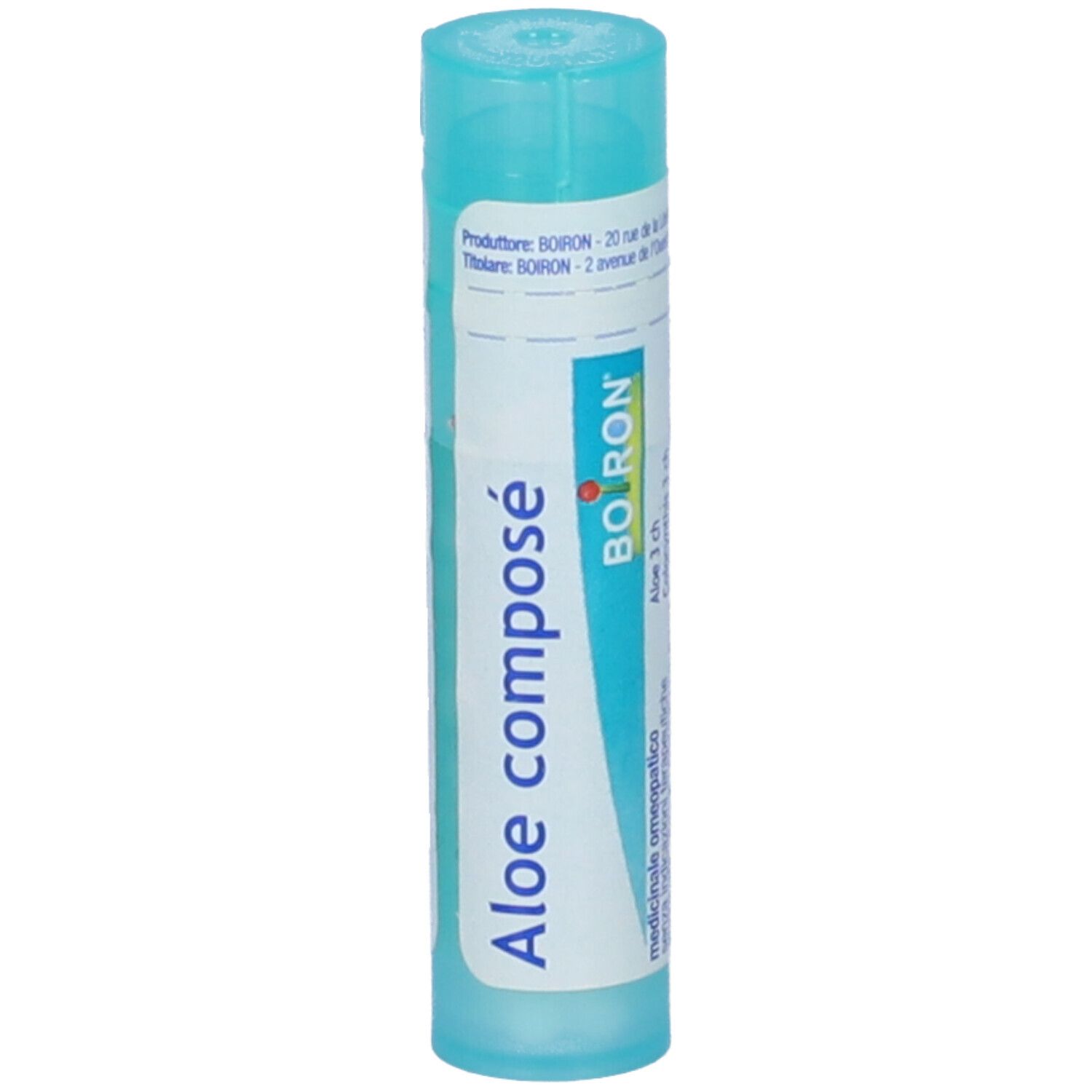 Tubo azzurro con "Aloe compose" e logo "Boiron". Vista verticale.