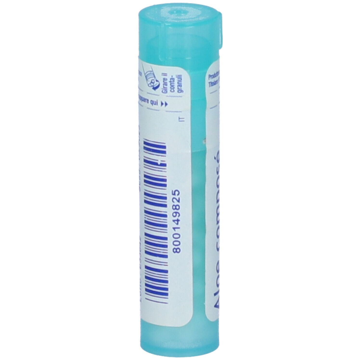 Tubo azzurro con "Aloe compose" e logo "Boiron". Contiene granuli. Con codice a barre.