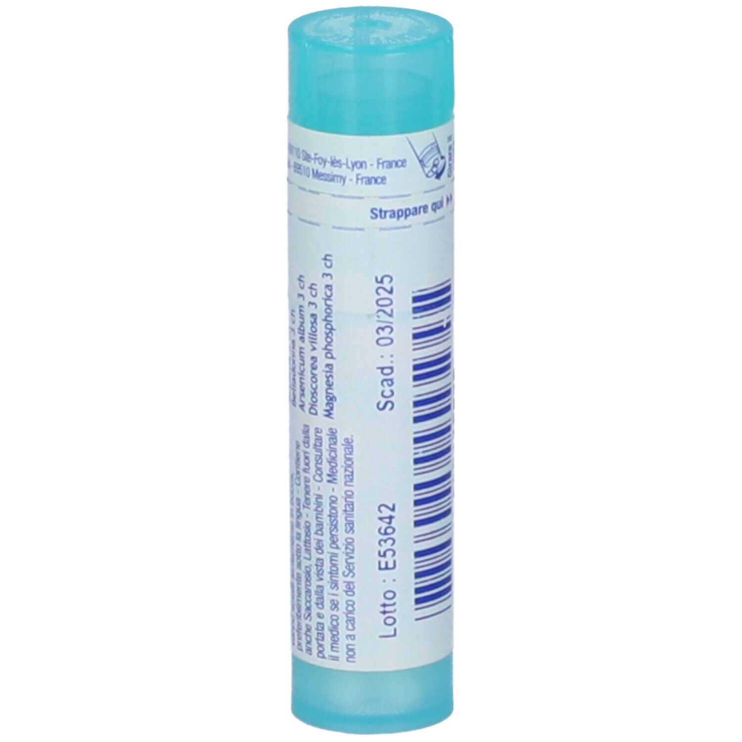 Tubo azzurro con "Aloe compose" e logo "Boiron". Contiene granuli. Con data di scadenza.