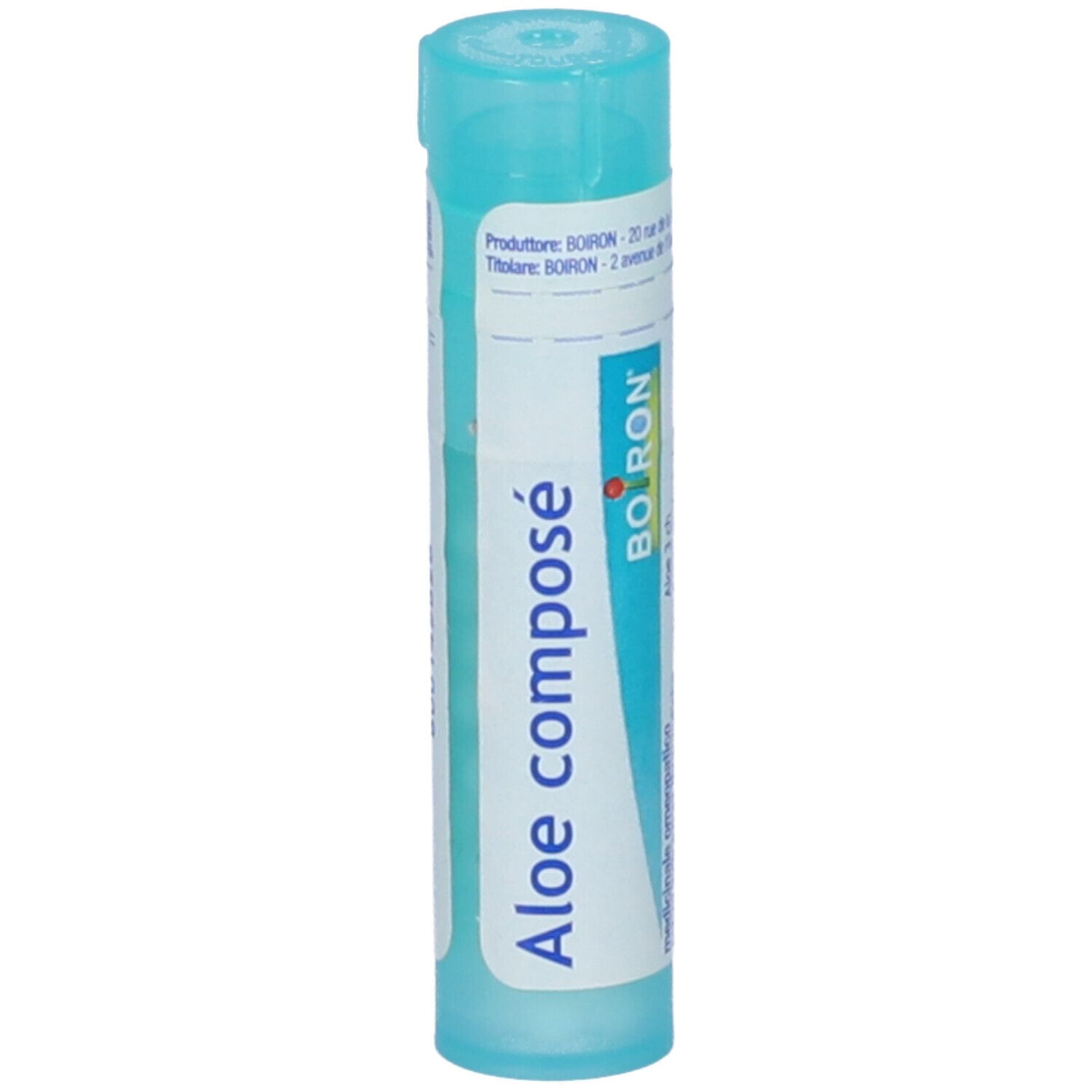 Tubo azzurro con "Aloe compose" e logo "Boiron". Contiene granuli. Con ingredienti.