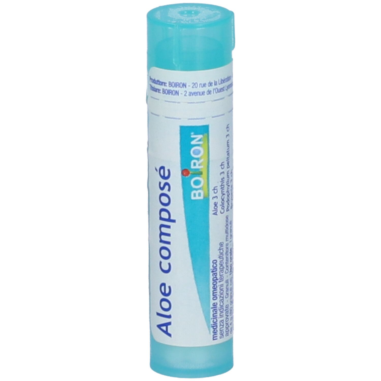 Tubo azzurro con "Aloe compose" e logo "Boiron". Contiene granuli. Con ingredienti.