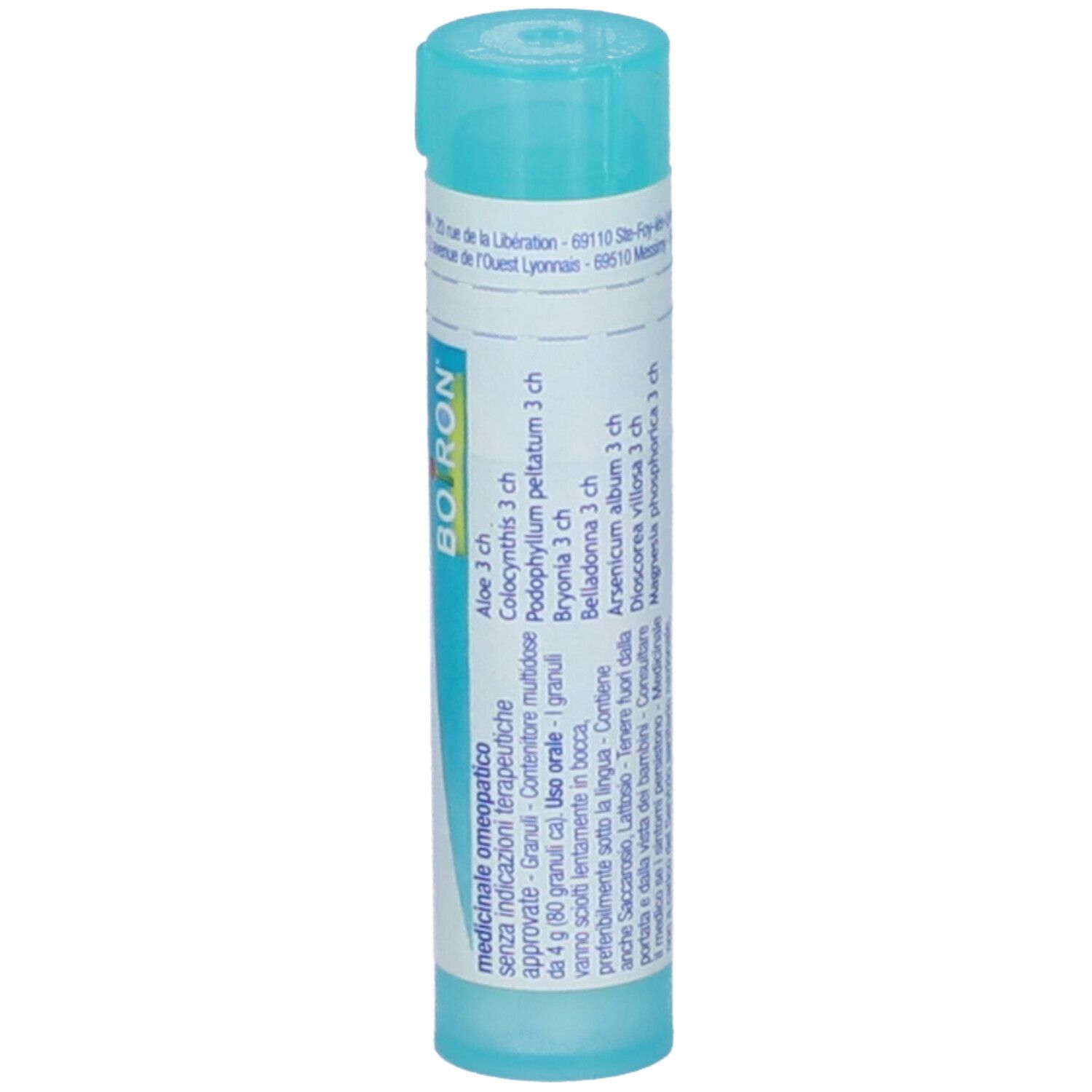 Tubo azzurro con "Aloe compose" e logo "Boiron". Contiene granuli. Con ingredienti.