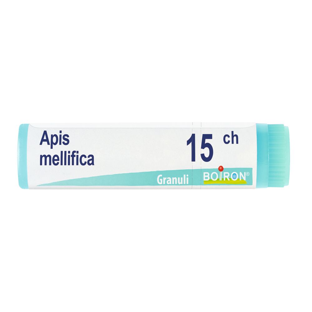 Confezione cilindrica con "Apis mellifica 15 ch" e logo "BOIRON". Design turchese e bianco.